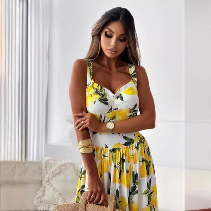 🍋Elegancka długa sukienka damska z nadrukiem cytrynowym na ramiączkach