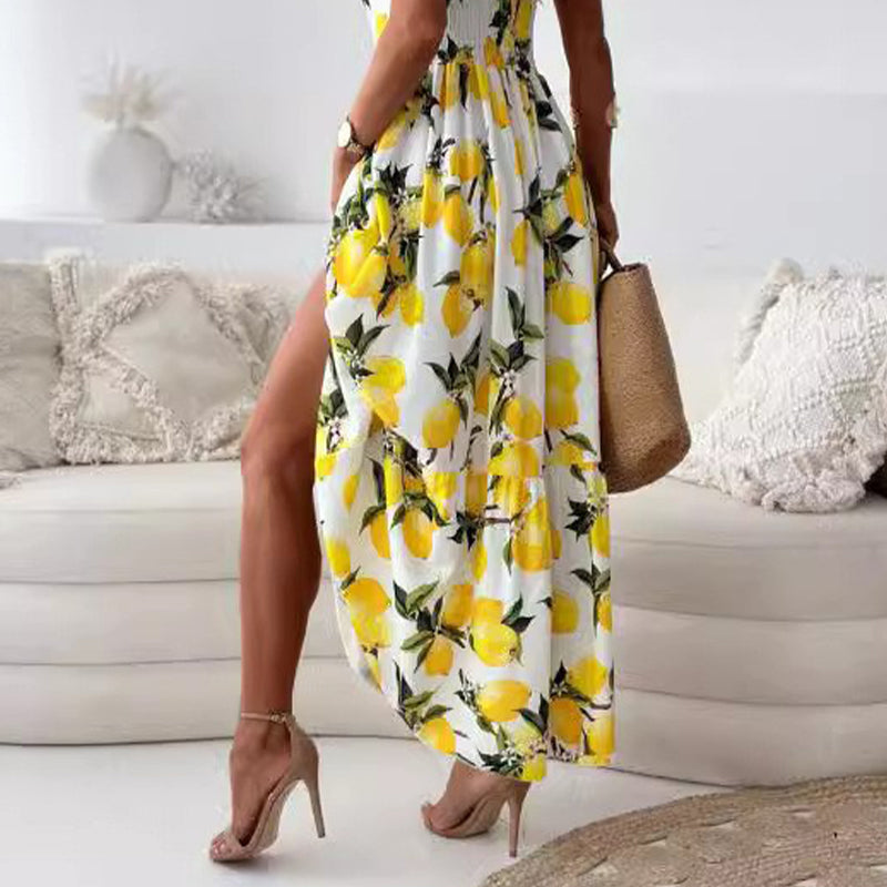 🍋Elegancka długa sukienka damska z nadrukiem cytrynowym na ramiączkach