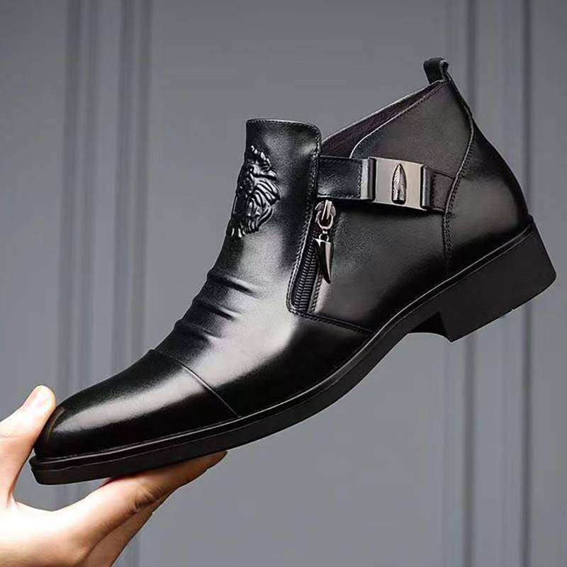 🦁Skórzane buty męskie z podwójnym zamkiem i wzorem lwa